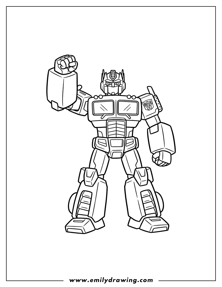 Downloadable coloring page of optimus Prime Robot Form with a raised fist