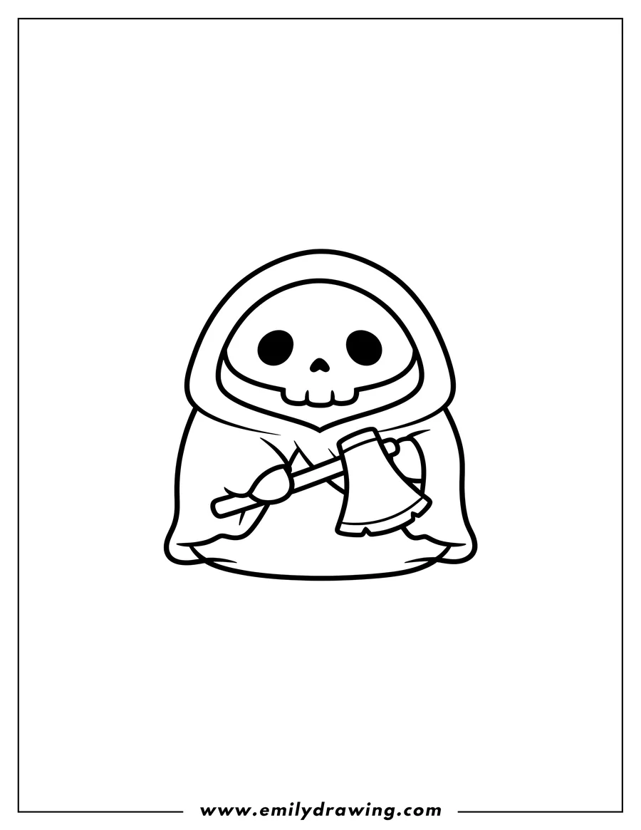 Full page coloring image of otto Grim Reaper Squishmallow with a skull face holding an axe