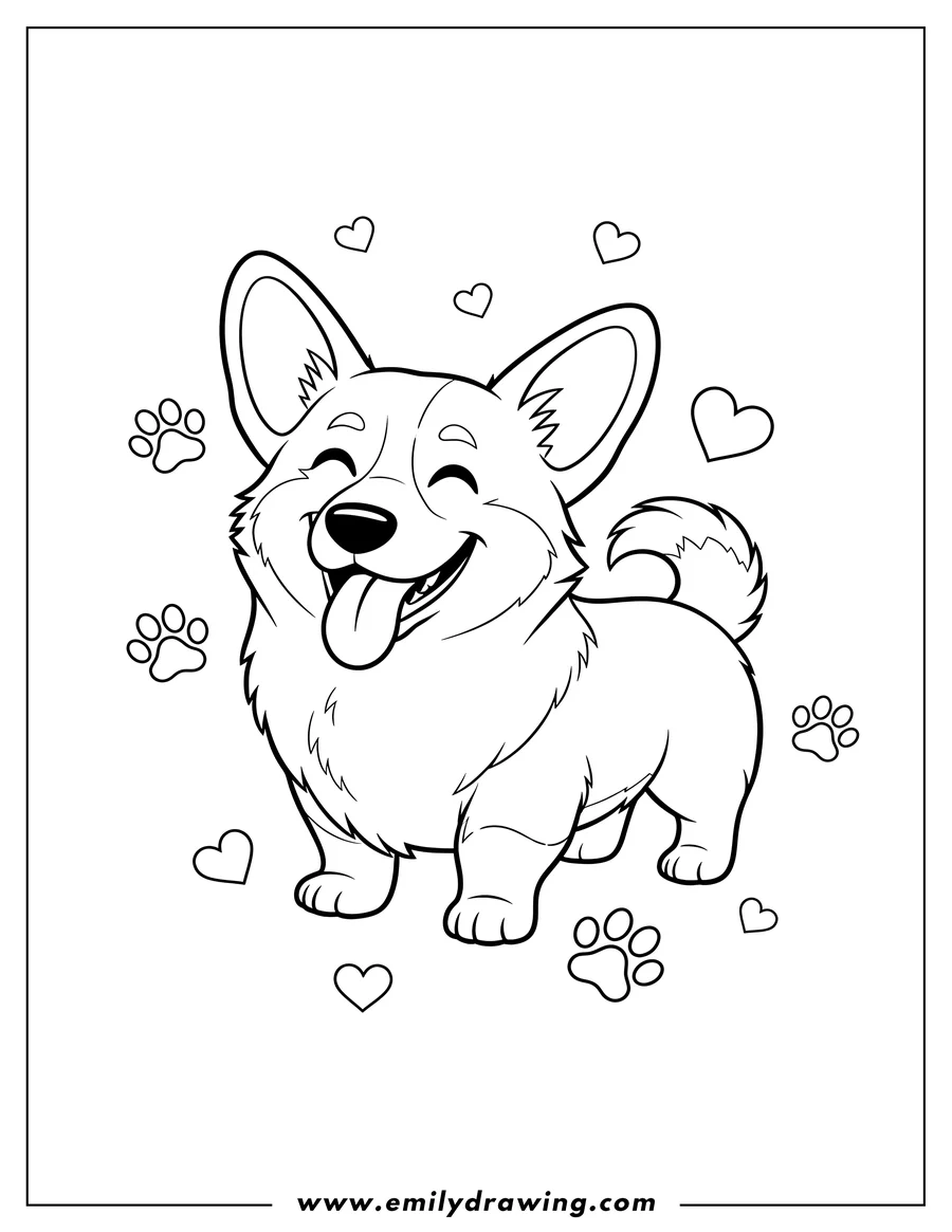 PDF style coloring page: easy Outline Adult Corgi smiling with tongue out, with hearts and paw prints