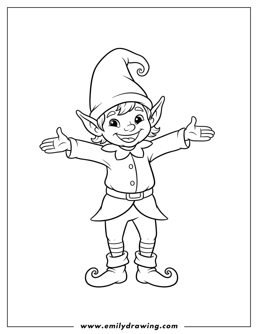 Linear illustration of easy Outline An Elf To Color Scaled, smiling with outstretched arms and a pointy hat