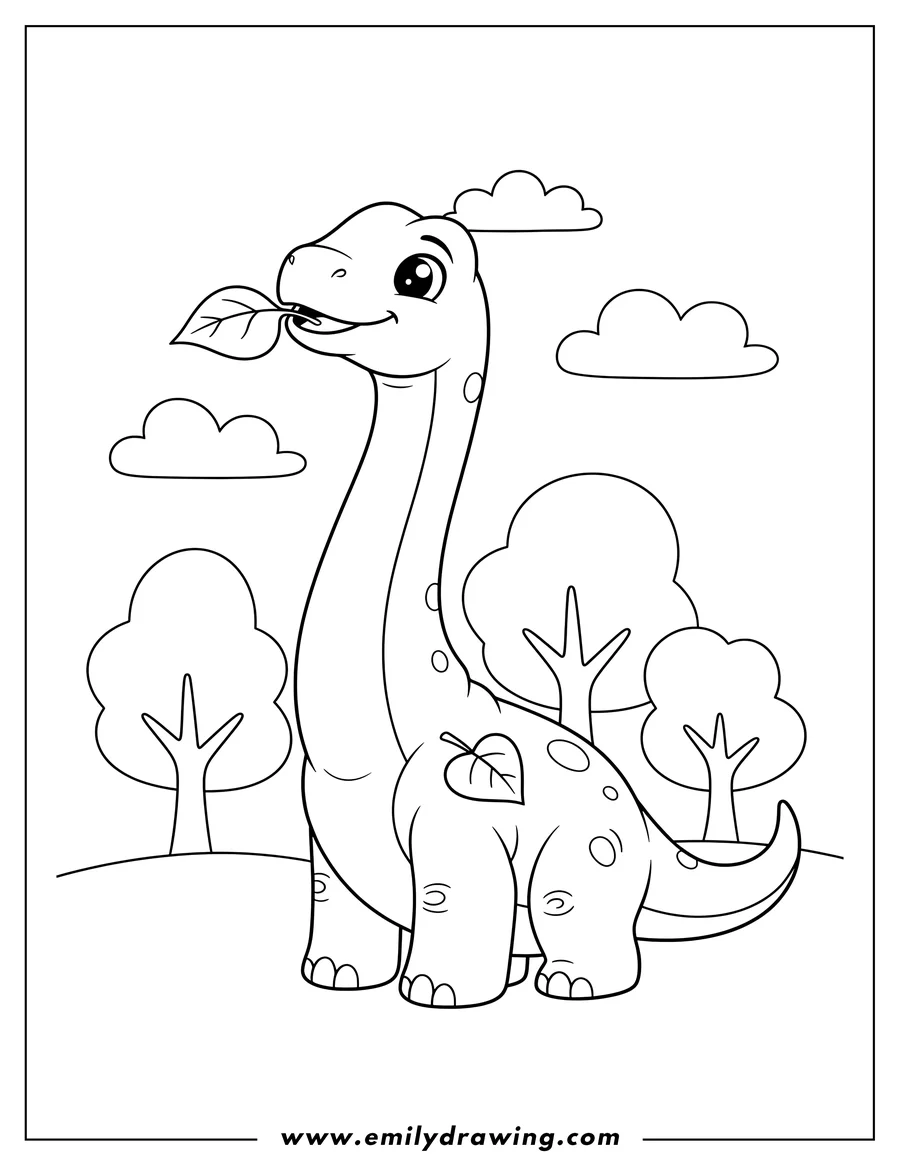 Full page coloring image of easy Outline Baby Brachiosaurus Eating a Leaf