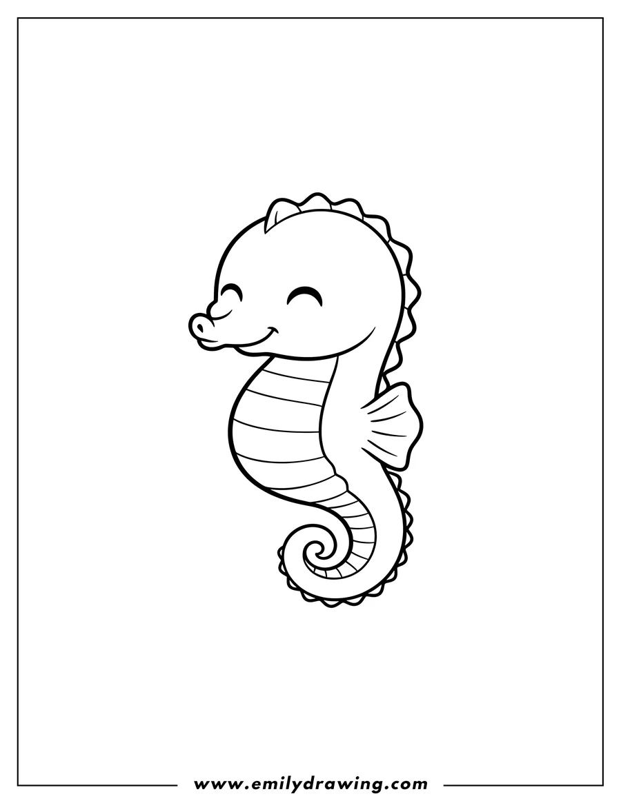 Black and white line art of easy Outline Baby Seahorse with closed eyes, smiling, and curled tail to color