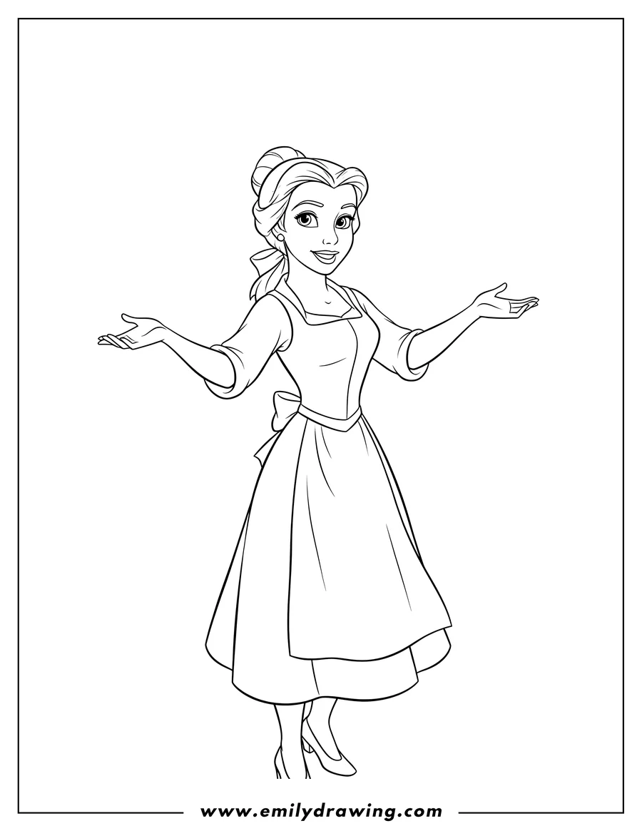 PDF style coloring page: easy Outline Belle in her village dress and apron, with her arms outstretched