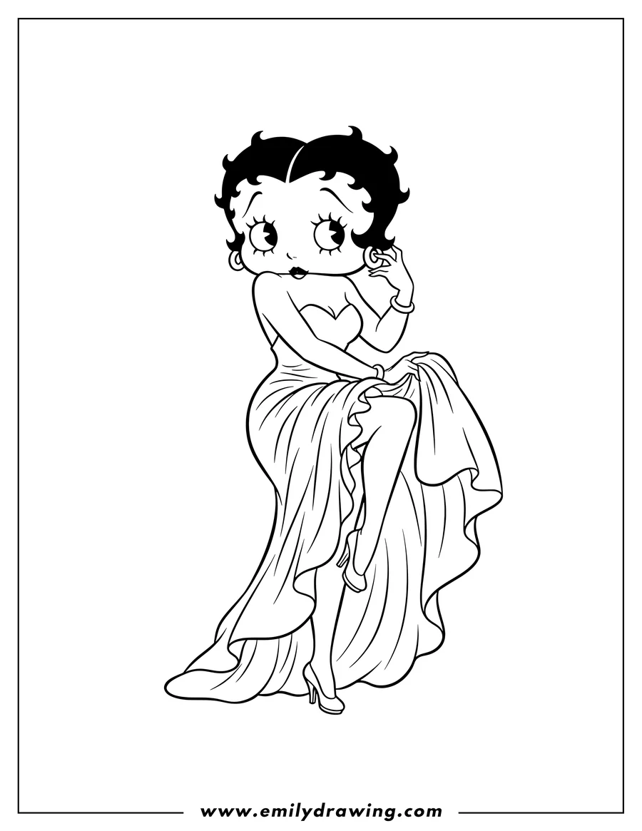 Vector style outline of easy Outline Betty Boop in a gown, with one leg lifted and holding her gown