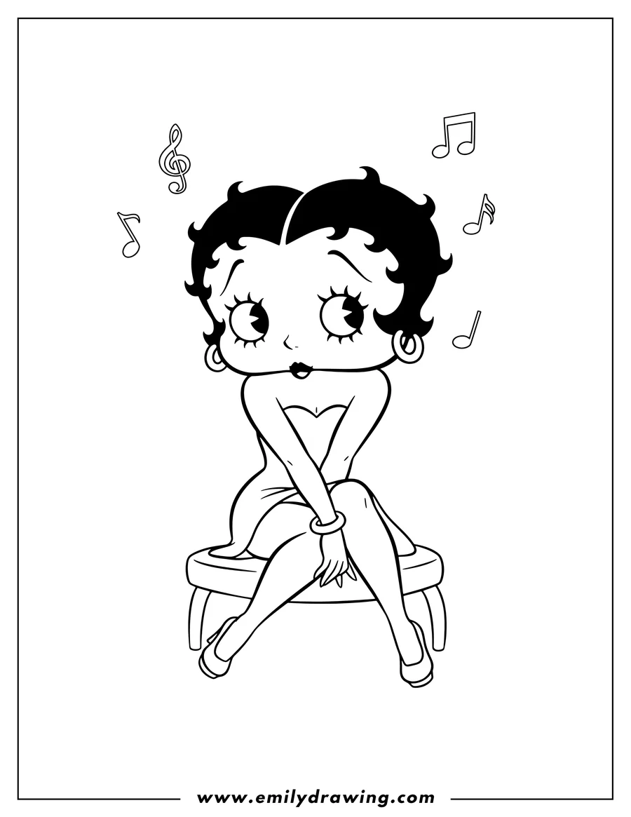 Free printable coloring sheet of easy Outline Betty Boop, sitting with legs crossed