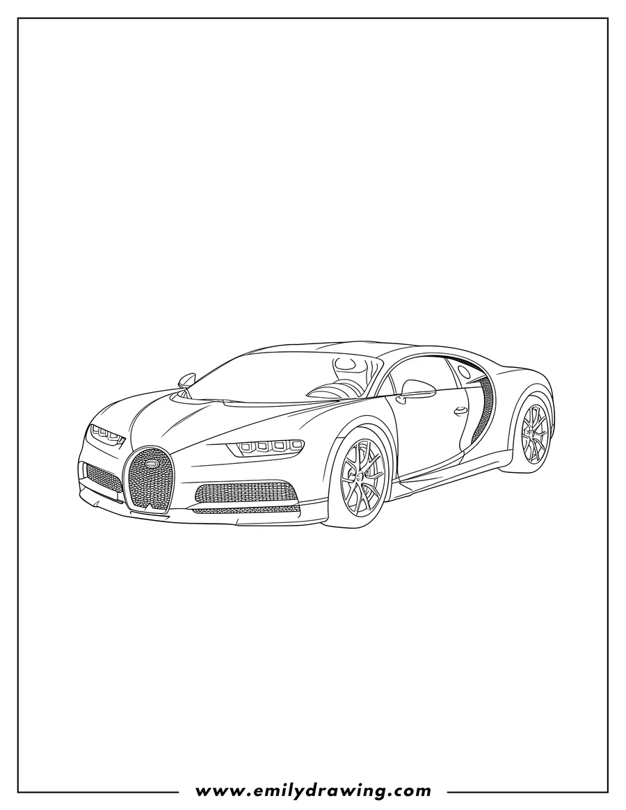 Coloring page for kids: easy Outline Bugatti Chiron, front 3/4 view