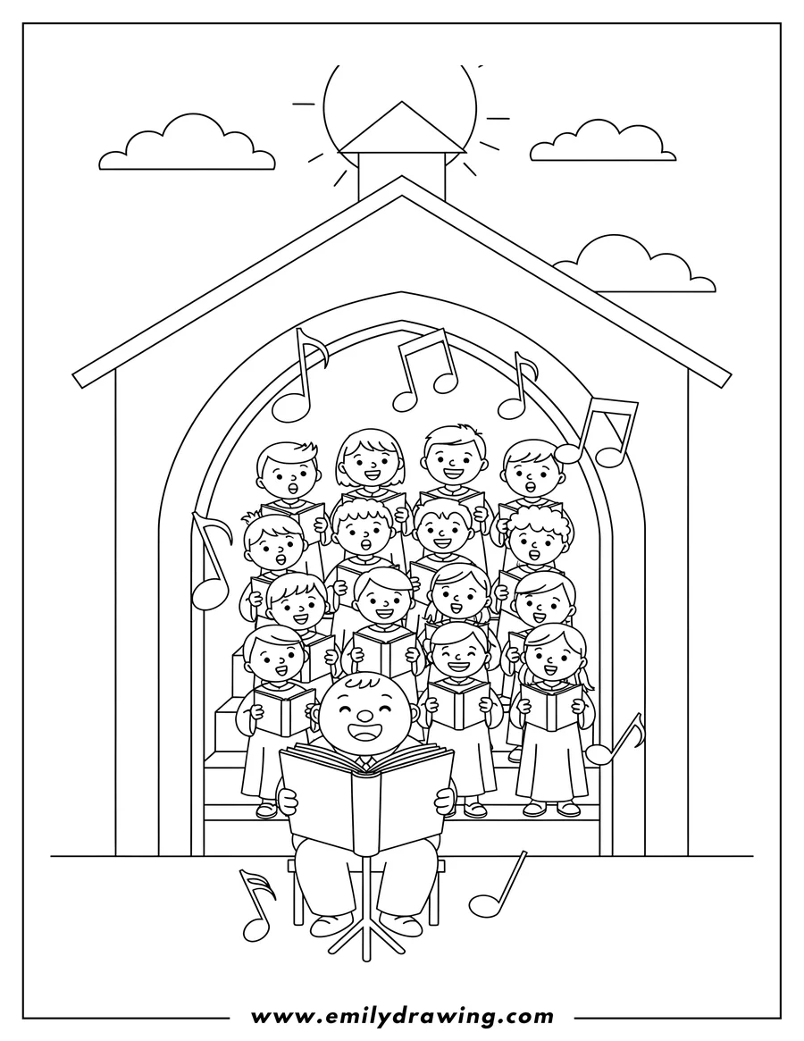 Free printable coloring sheet of easy Outline Church With a Choir singing, a seated conductor reading a large book, and musical notes