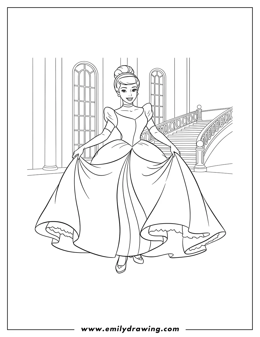 Coloring page for kids: easy Outline Cinderella To Color Scaled, smiling and holding up her flowing ball gown