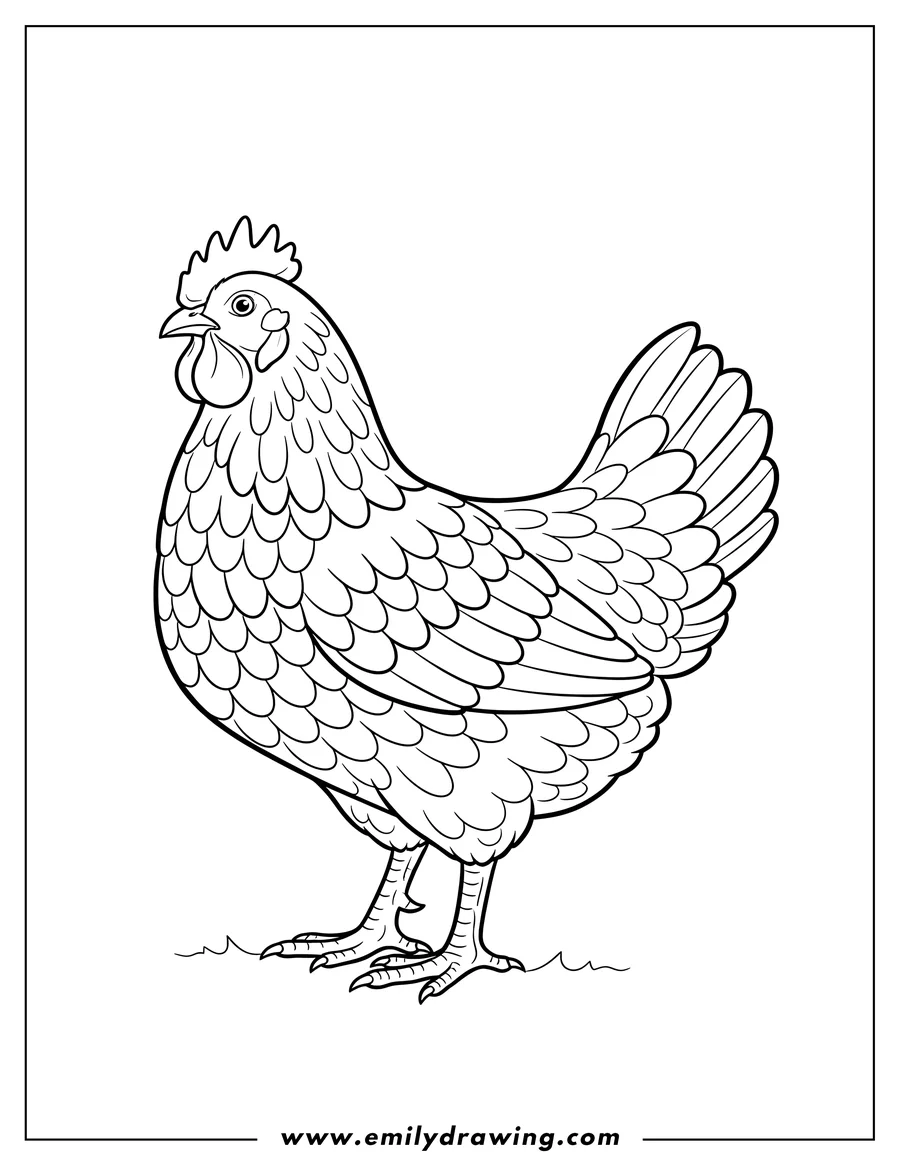Outline drawing of easy Outline Common Farm Chicken Standing, Head Turned Left, Scaled