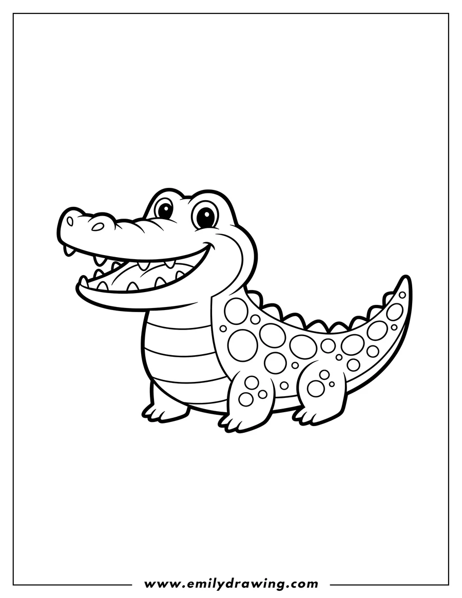 High quality printable easy Outline Crocodile Preschoolers Scaled, happy, with mouth wide open showing teeth for coloring