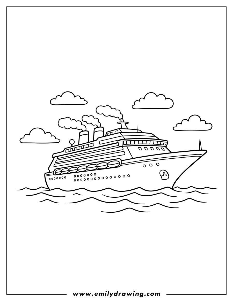 PDF style coloring page: easy Outline Cruise Ship sailing on wavy water with smoke and clouds