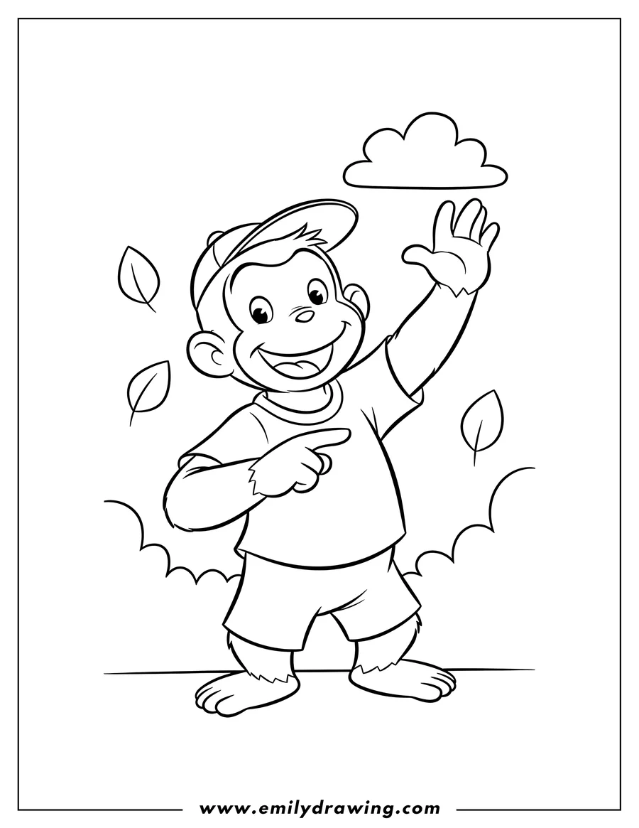 Black and white line art of easy Outline Curious George smiling, waving, and pointing