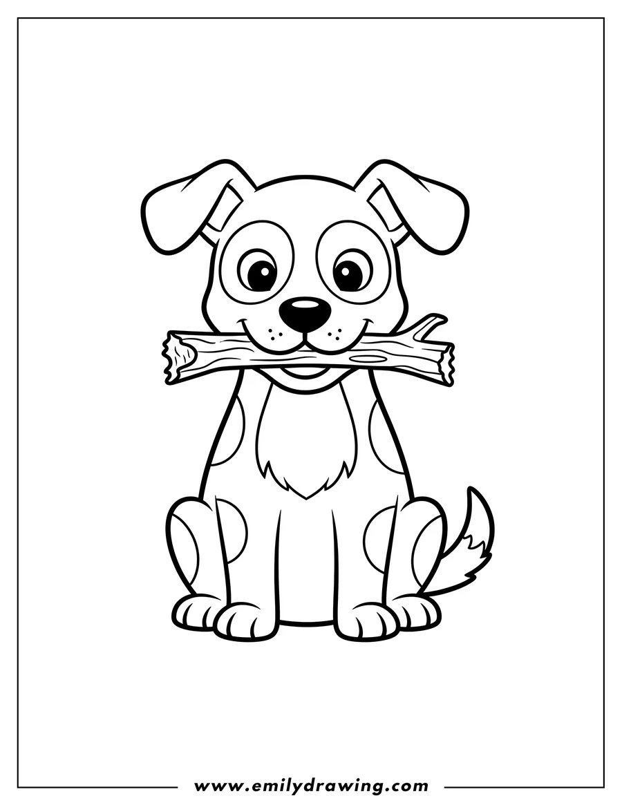 PDF style coloring page: easy Outline Dog Sitting With Stick