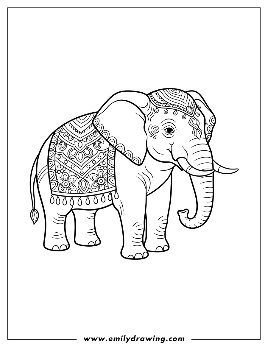 Vector style outline of easy Outline Elephant Matriarch wearing a fancy headpiece and back blanket
