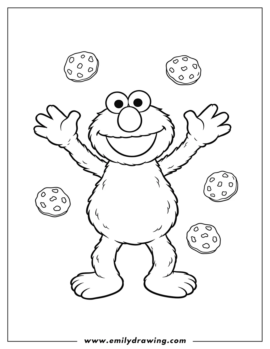 Outline drawing of easy Outline Elmo smiling with arms raised and cookies around him for preschoolers to color