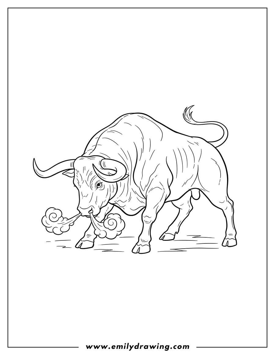 Printable line art of easy Outline Fighting Bull with lowered head, snorting, and in a charging stance