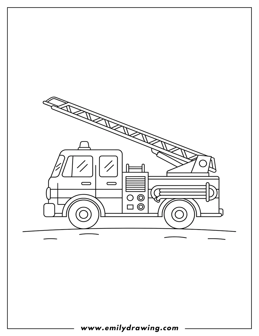 Vector style outline of easy Outline Fire Truck Preschoolers Scaled, side view with a ladder