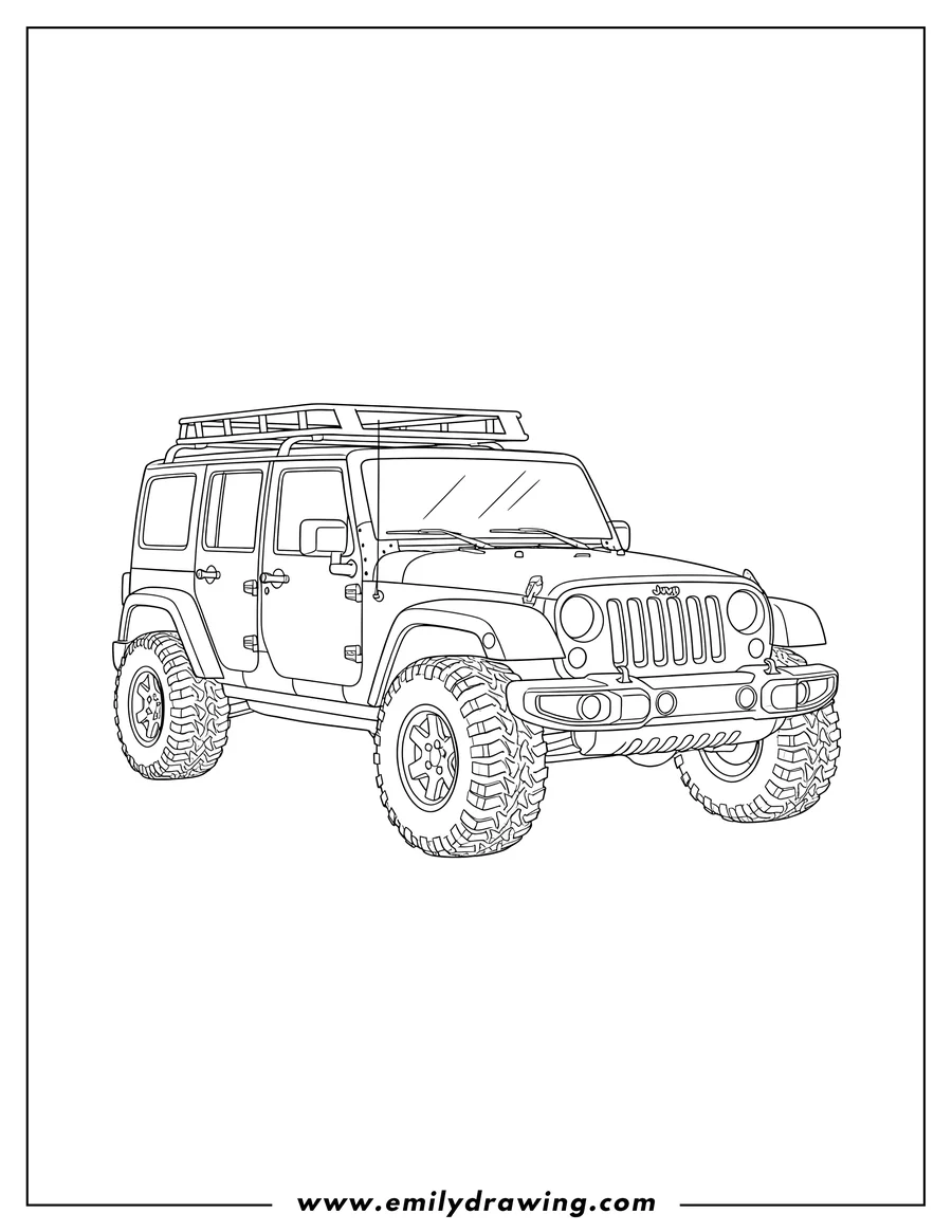 Downloadable coloring page of easy Outline Four-door Jeep with a roof rack and off-road tires To Color