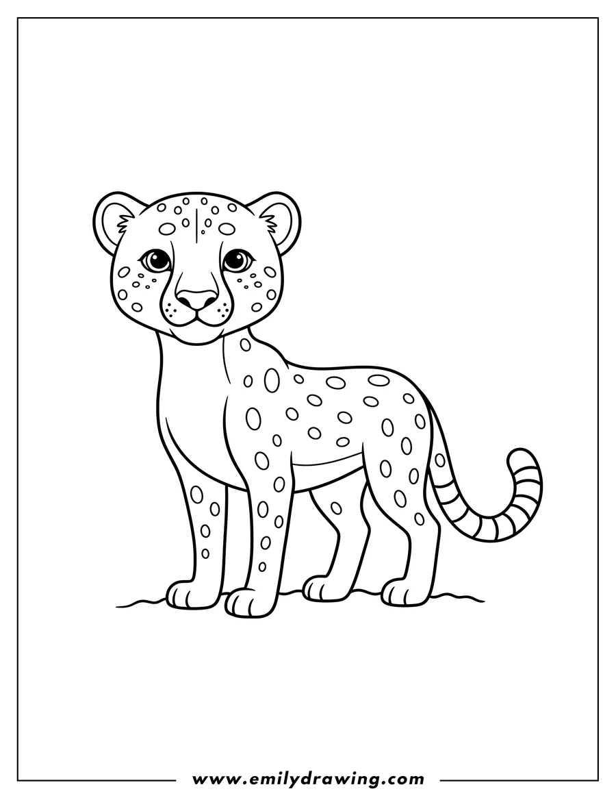 Printable coloring page of easy Outline Friendly Cheetah standing, looking forward, with a striped tail