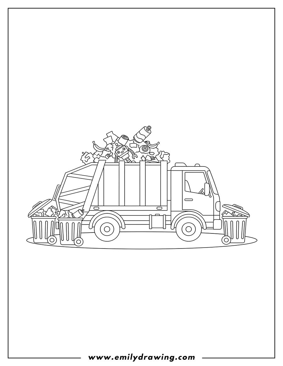 Coloring page of easy Outline Garbage Truck full of trash and several garbage cans To Color Preschoolers Scaled