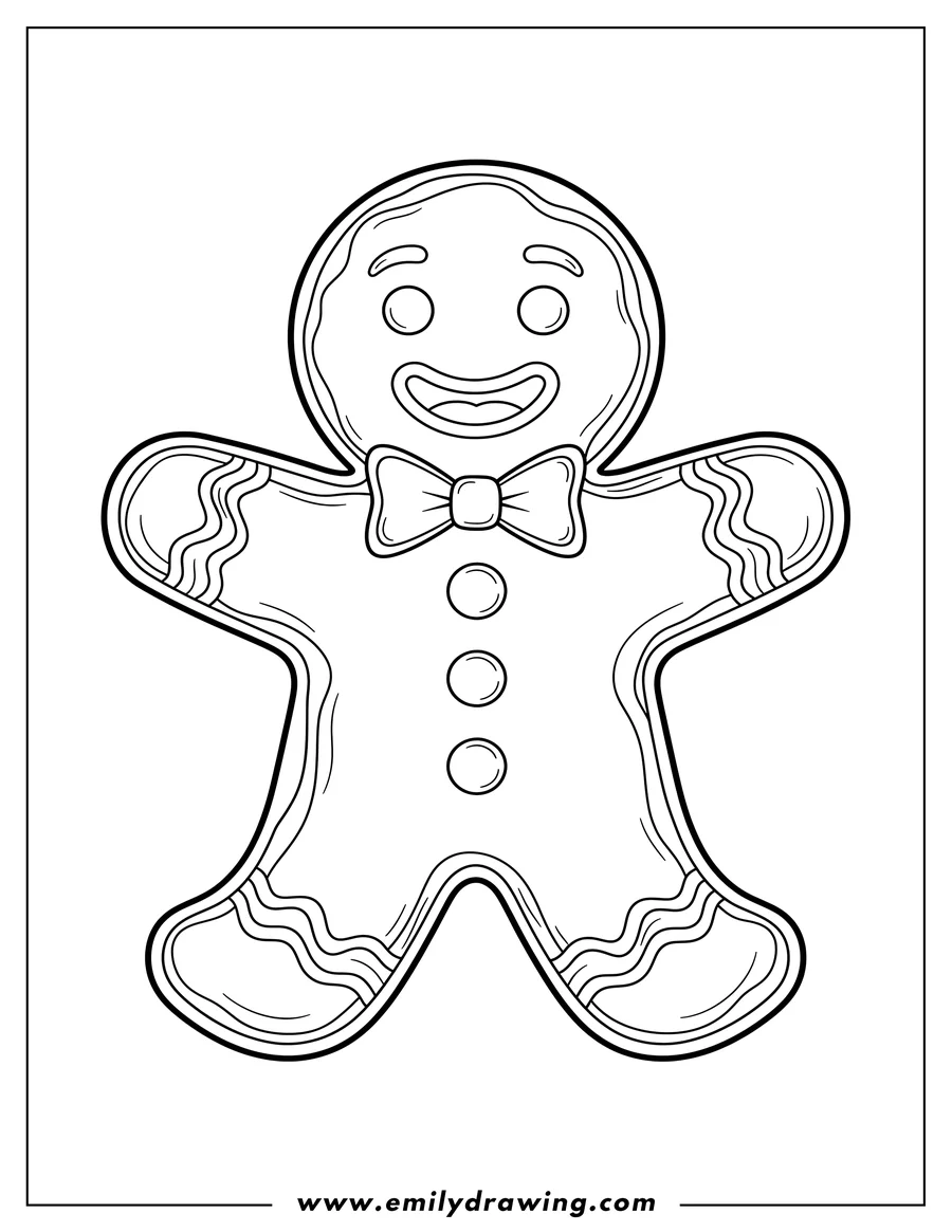 Simple sketch of easy Outline Gingerbread Man To Color Scaled, smiling, with a bow tie and buttons to color