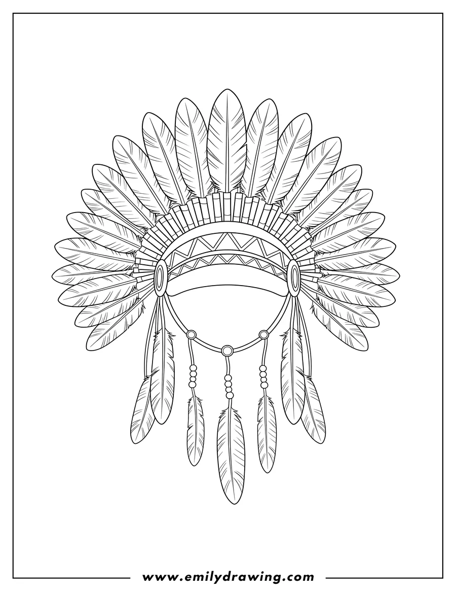 PDF style coloring page: easy Outline Native American Headdress with fanned and dangling feathers