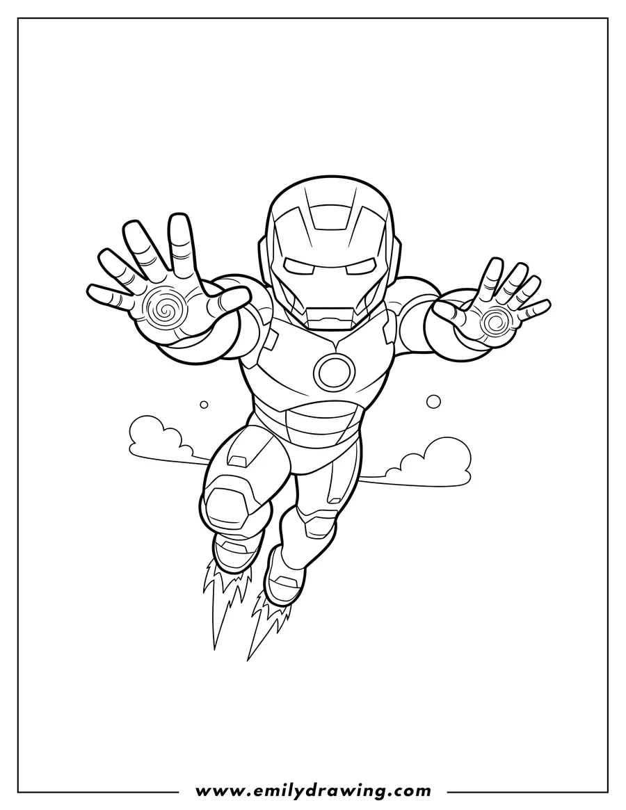 Printable coloring page of easy Outline Iron Man flying and preparing to blast