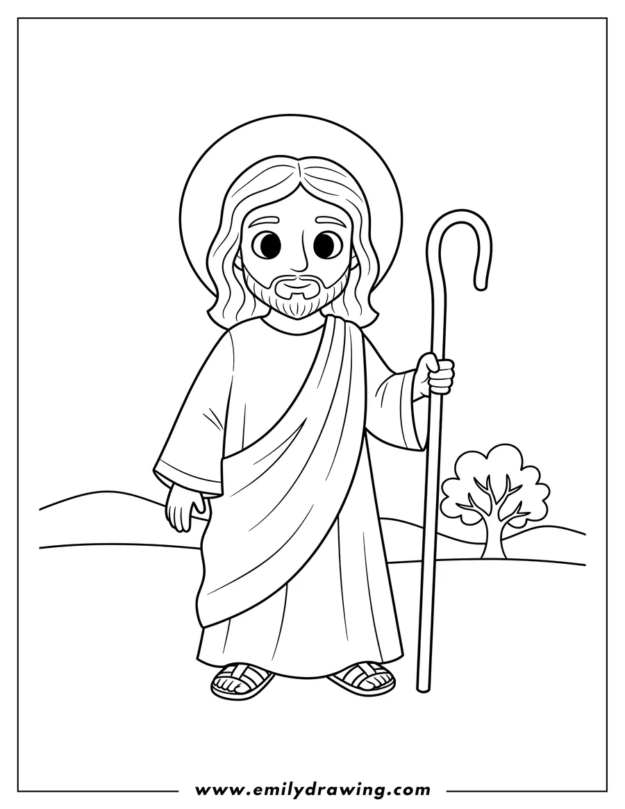 Doodle style coloring picture of easy Outline Jesus with a halo, holding a shepherd's staff, and peaceful eyes