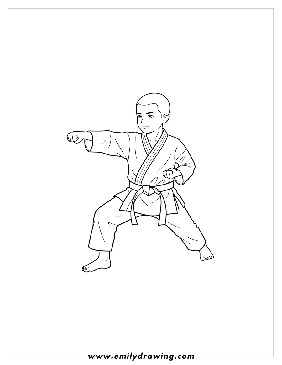 Coloring page of easy Outline Karate Fighter, in a fighting stance with one fist raised