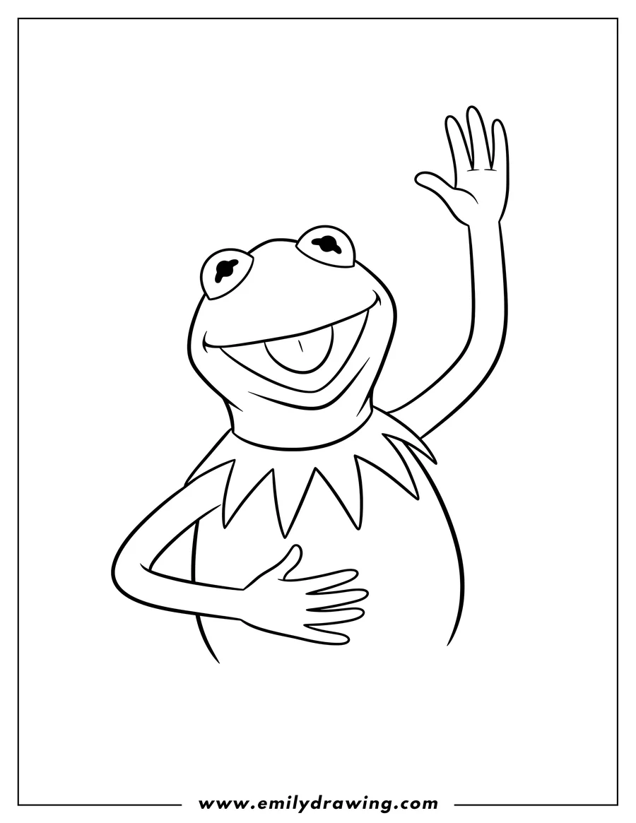 Simple sketch of easy Outline Kermit Frog smiling with one hand on his belly and one arm raised to color