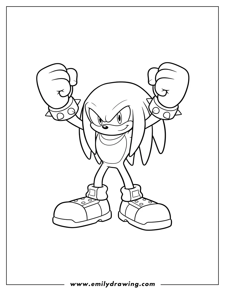 Printable line art of easy Outline Knuckles Echidna with raised fist