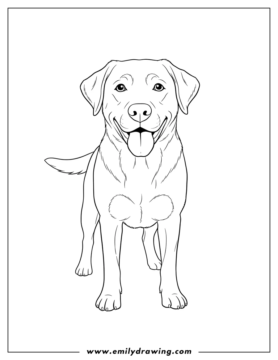 Coloring page of easy Outline Labrador Retriever standing, facing forward with tongue out