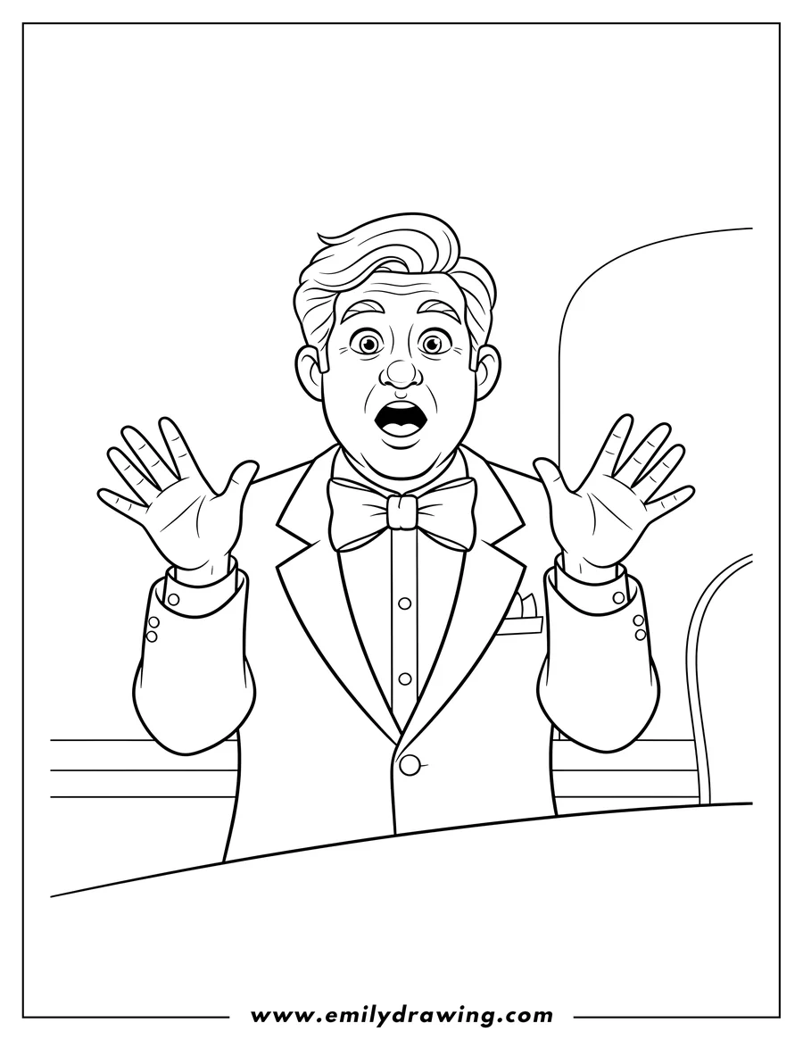 Doodle style coloring picture of easy Outline Lawrence, a man in a suit and bow tie looking surprised