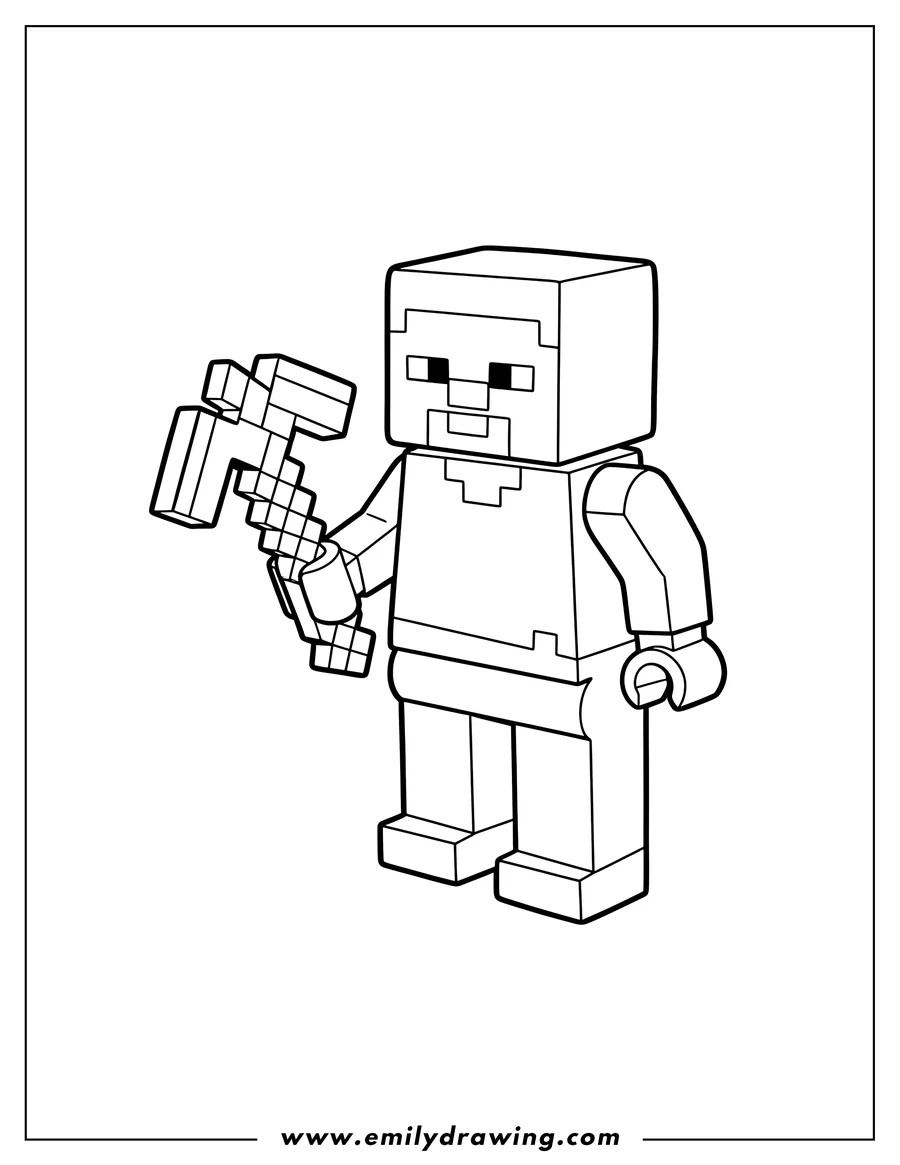 Full page coloring image of easy Outline Lego Minecraft Steve Scaled, holding a pickaxe