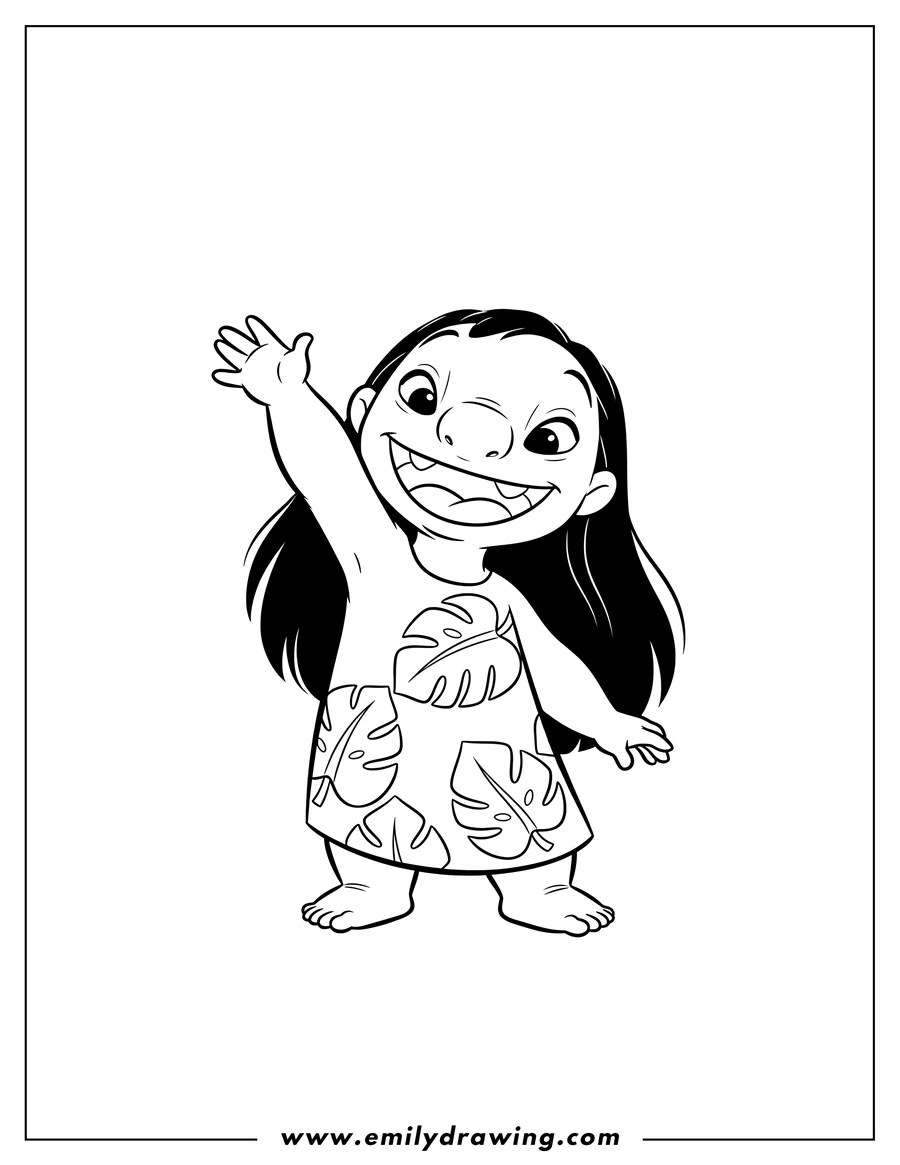 Clean line drawing: easy Outline Lilo wearing a red dress with leaf patterns, waving and smiling broadly, to color