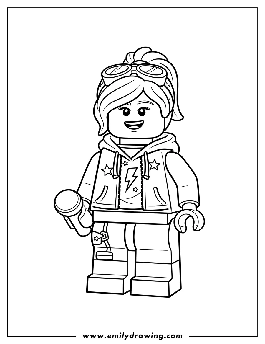 Downloadable coloring page of easy Outline Lucy Wyldstyle Lego minifigure standing and smiling to color