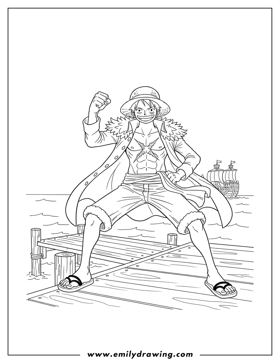 Clean line drawing: easy Outline Luffy standing on dock, shirtless with X-scar and open jacket, in a powerful stance