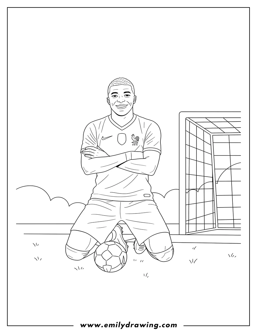 Downloadable coloring page of easy Outline Kylian Mbappe on his knees with arms crossed, posing next to a goal post