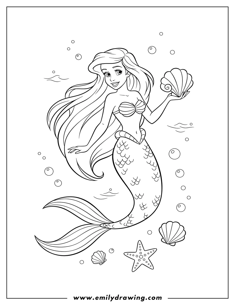 Black and white line art of easy Outline Mermaid Ariel posing with seashells
