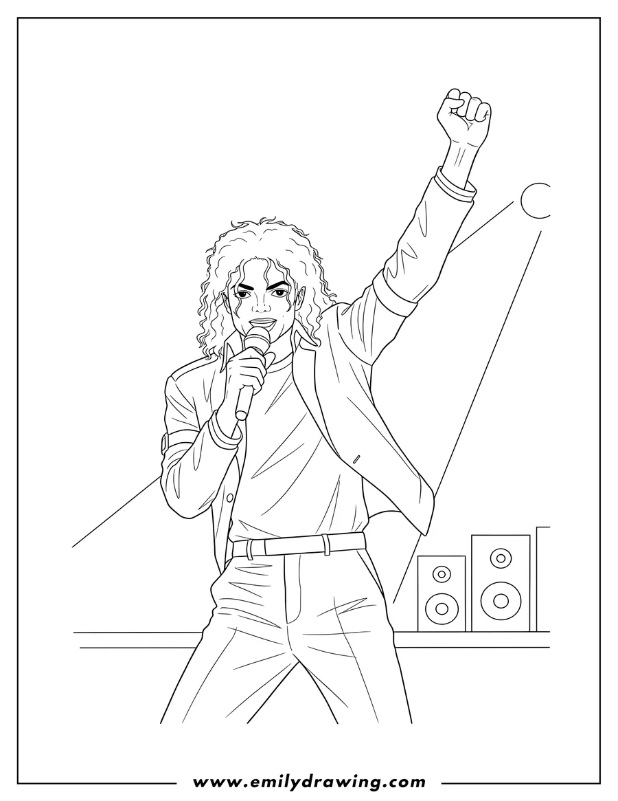 Free printable coloring sheet of easy Outline Michael Jackson with curly hair, singing into a microphone with a raised fist