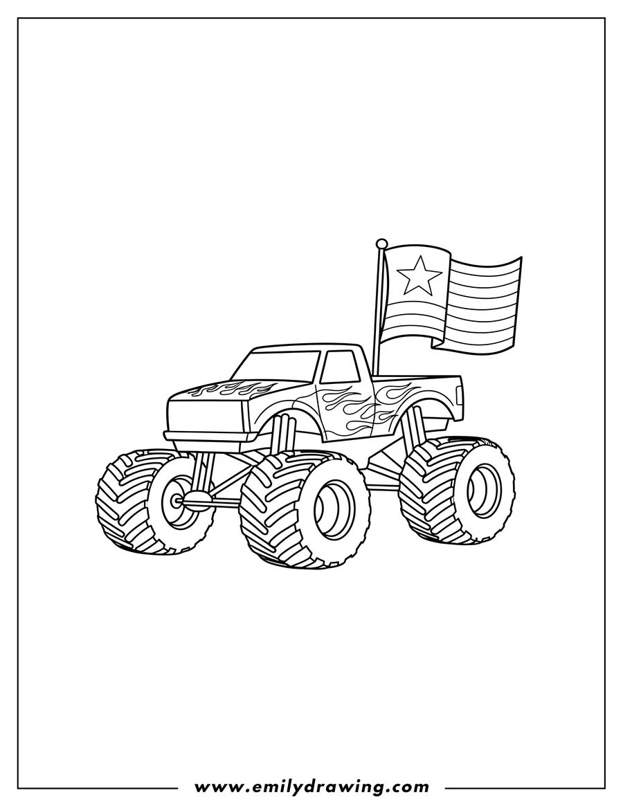 Printable coloring page of easy Outline Monster Truck with Flames and a Flag To Color