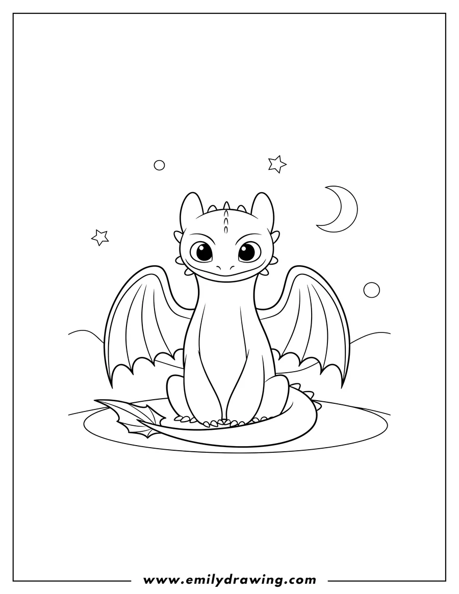 PDF style coloring page: easy Outline Night Fury Dragon sitting with wings