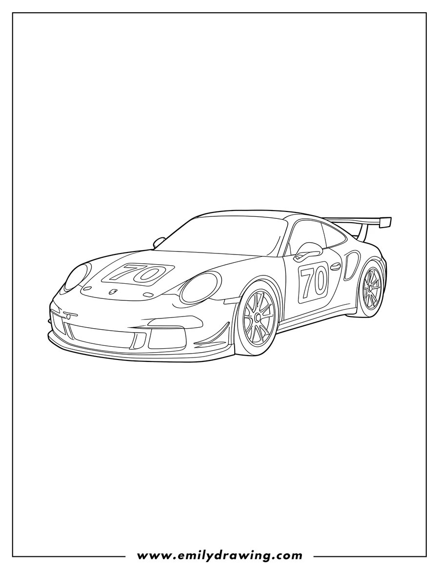 PDF style coloring page: easy Outline Porsche race car with number 70 to color