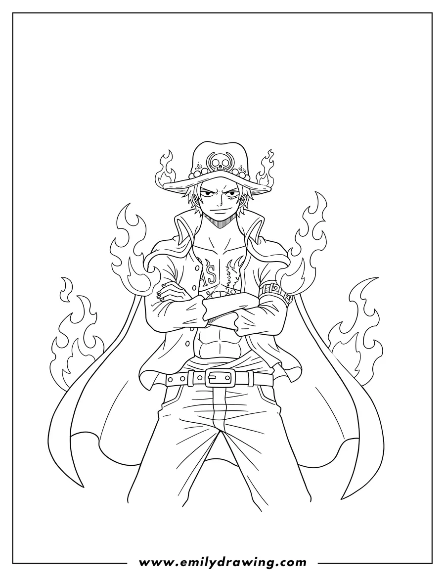 Full page coloring image of easy Outline Portgas D. Ace from One Piece, wearing a hat and open shirt, with crossed arms and a cape