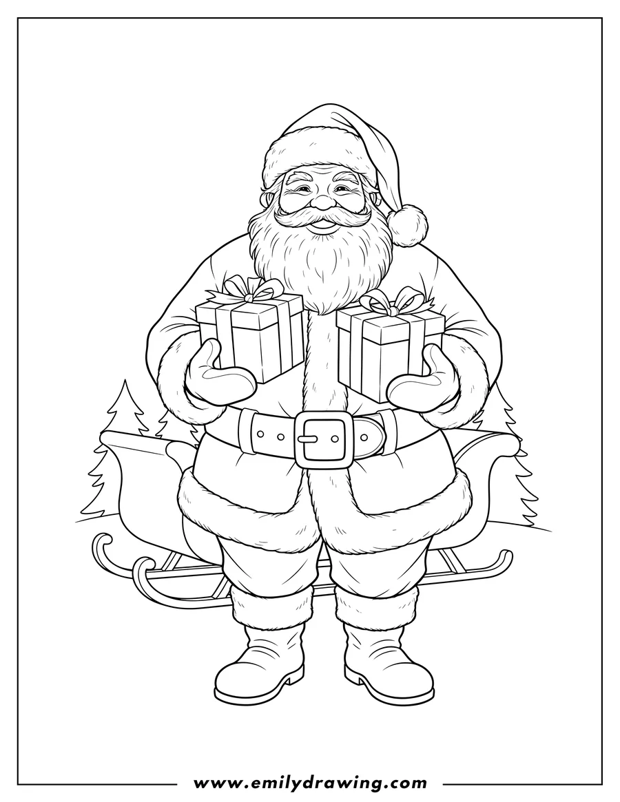 Doodle style coloring picture of easy Outline Realistic Santa Claus smiling and holding two presents, Christmas Pagev2