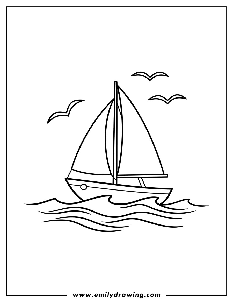 Linear illustration of easy Outline Sail Boat on waves with flying seagulls