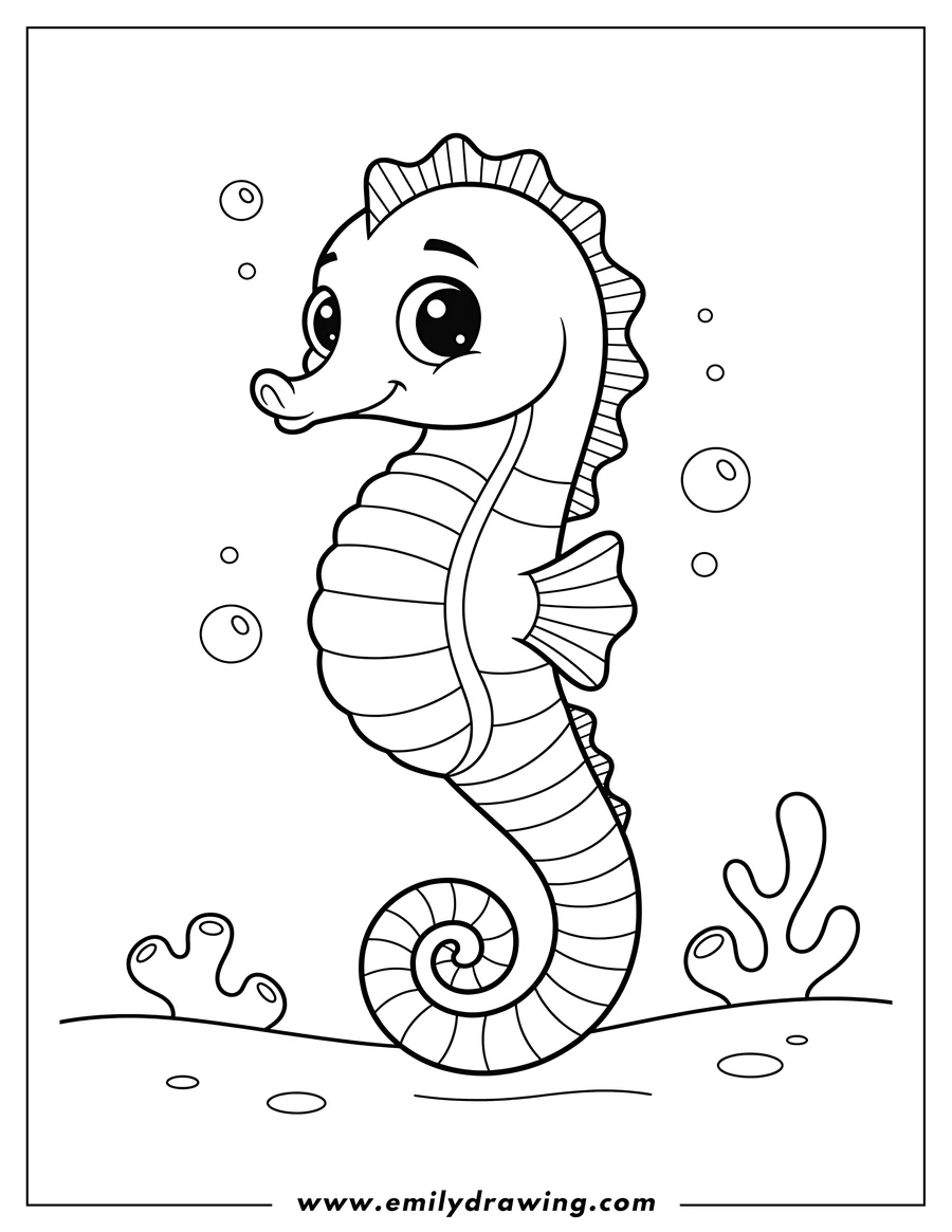Doodle style coloring picture of easy Outline Seahorse with Long, Spiraled Tail