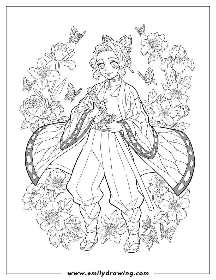 Full page coloring image of easy Outline Shinobu Kocho holding her sword and surrounded by flowers