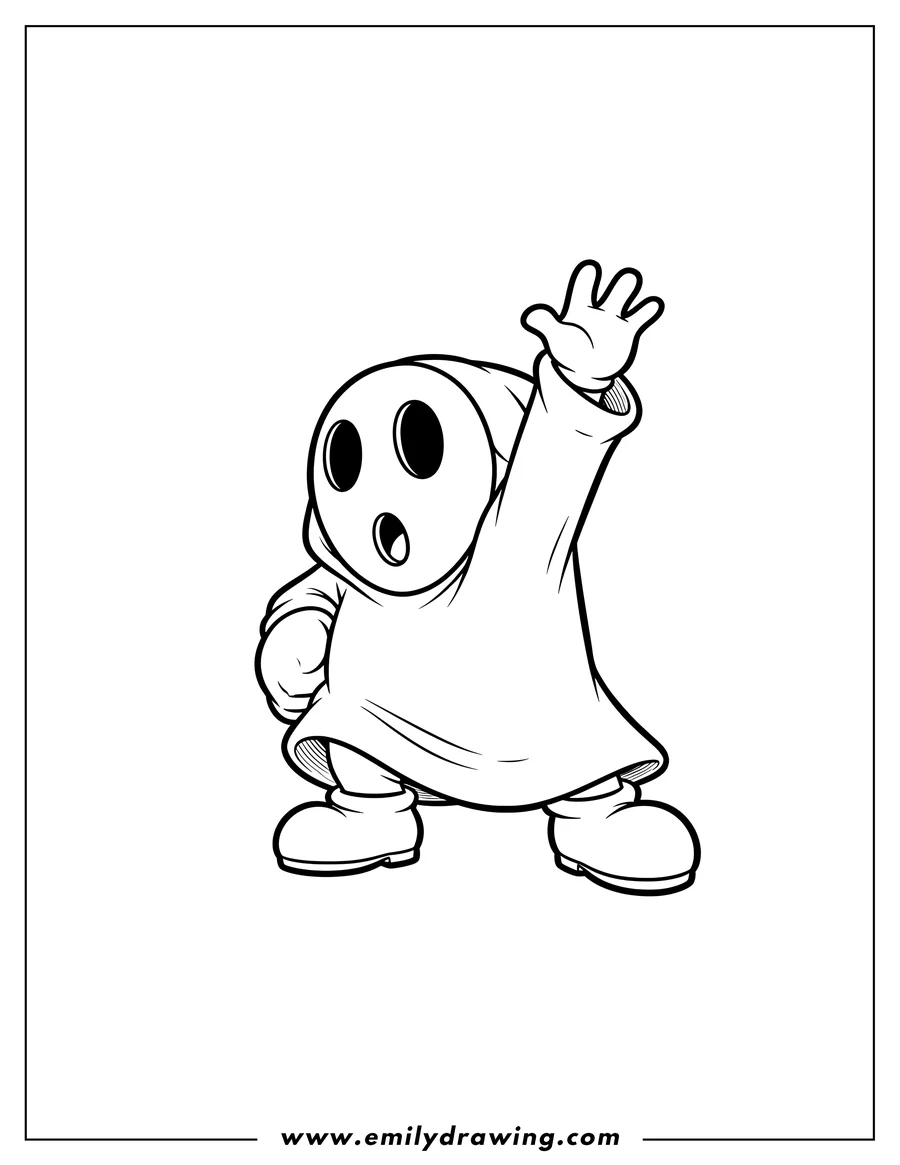 High quality printable easy Outline Nintendo Shy Guy with one hand raised and a surprised expression for coloring