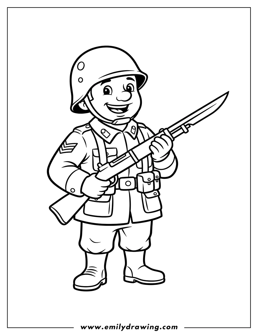 Linear illustration of easy Outline Smiling Soldier with a helmet holding a rifle with a bayonet